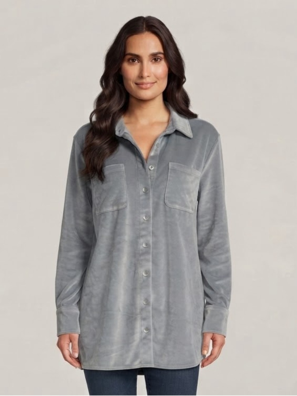 SOFT SURROUNDINGS Velvet Boyfriend Tunic Shirt M 23” p2p Gray $90 Retail EUC